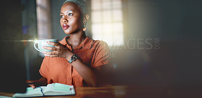 Buy stock photo Black woman, coffee and night at office with computer, notebook and mockup space for planning, strategy or analysis. Executive, dark workplace or book for notes, schedule or agenda for small business