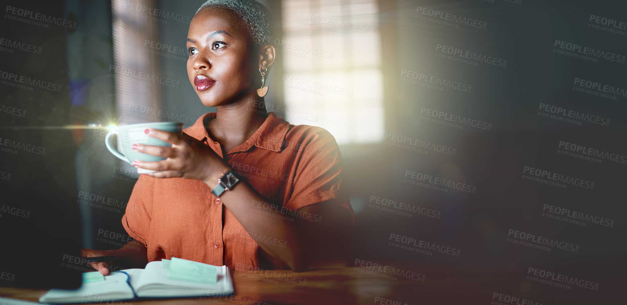 Buy stock photo Black woman, coffee and night at office with computer, notebook and mockup space for planning, strategy or analysis. Executive, dark workplace or book for notes, schedule or agenda for small business