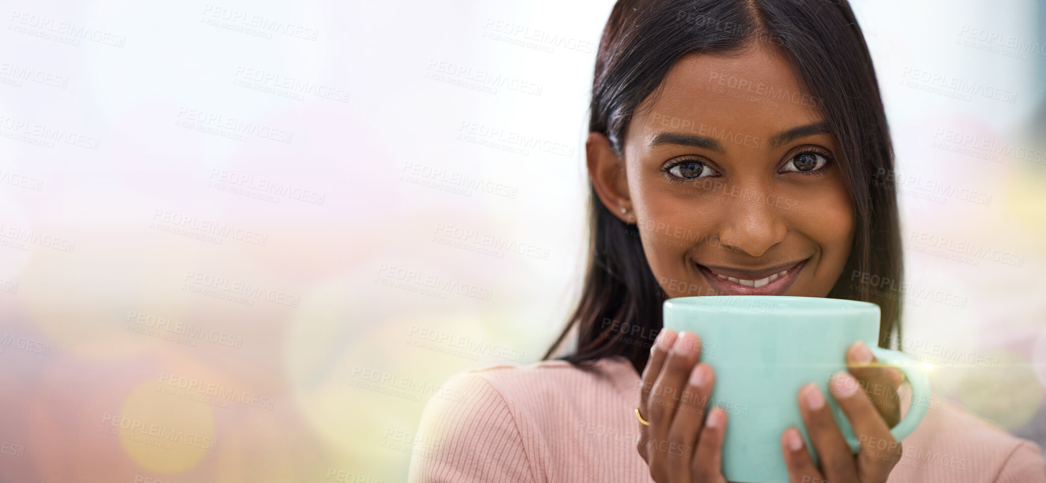 Buy stock photo Woman, coffee cup and night for portrait with mockup space, smile or happiness for break to relax. Young lady, tea or hot chocolate for self care, me time and happy in mock up with blurred background