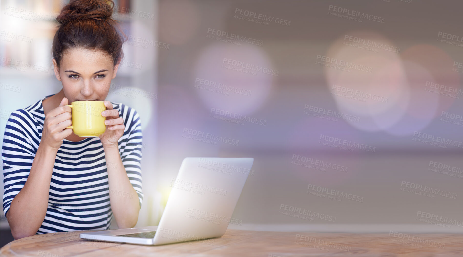 Buy stock photo Creative woman, laptop and drinking coffee in relax, thinking or planning day at the office on mockup. Happy female designer with warm drink relaxing by computer on desk contemplating in startup