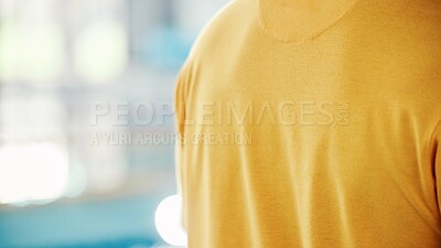 Buy stock photo Lifeguard, closeup and swimming pool safety at indoor facility for training, swim and exercise. Pool, attendant and water sports person ready for danger, protection or diving athletics with mockup