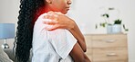 Shoulder pain, injury and black woman, health and emergency, medical problem with accident and red overlay. Orthopedic healthcare, inflammation and muscle tension, stress on joint and injured person