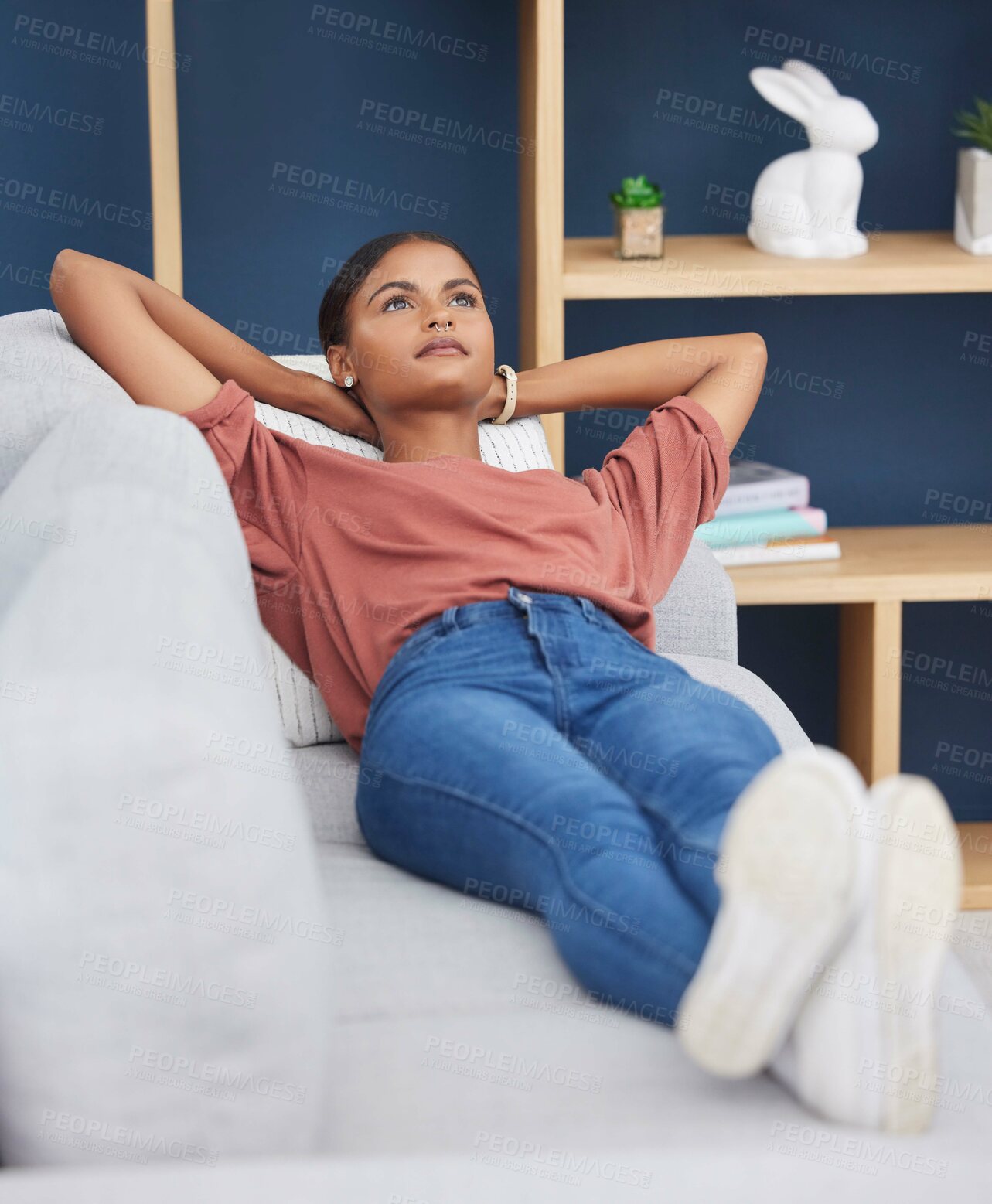 Buy stock photo Relax, thinking and woman lying on sofa for afternoon nap or rest in calm apartment on weekend. Sleep, daydream idea and girl on couch relaxing on lunch break in stress free and zen time to chill.