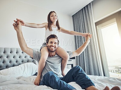 Buy stock photo Bedroom, piggyback and father play with girl in home, having fun and bonding. Care, love support and portrait of happy man carrying kid or child, playing and enjoying quality time together in house