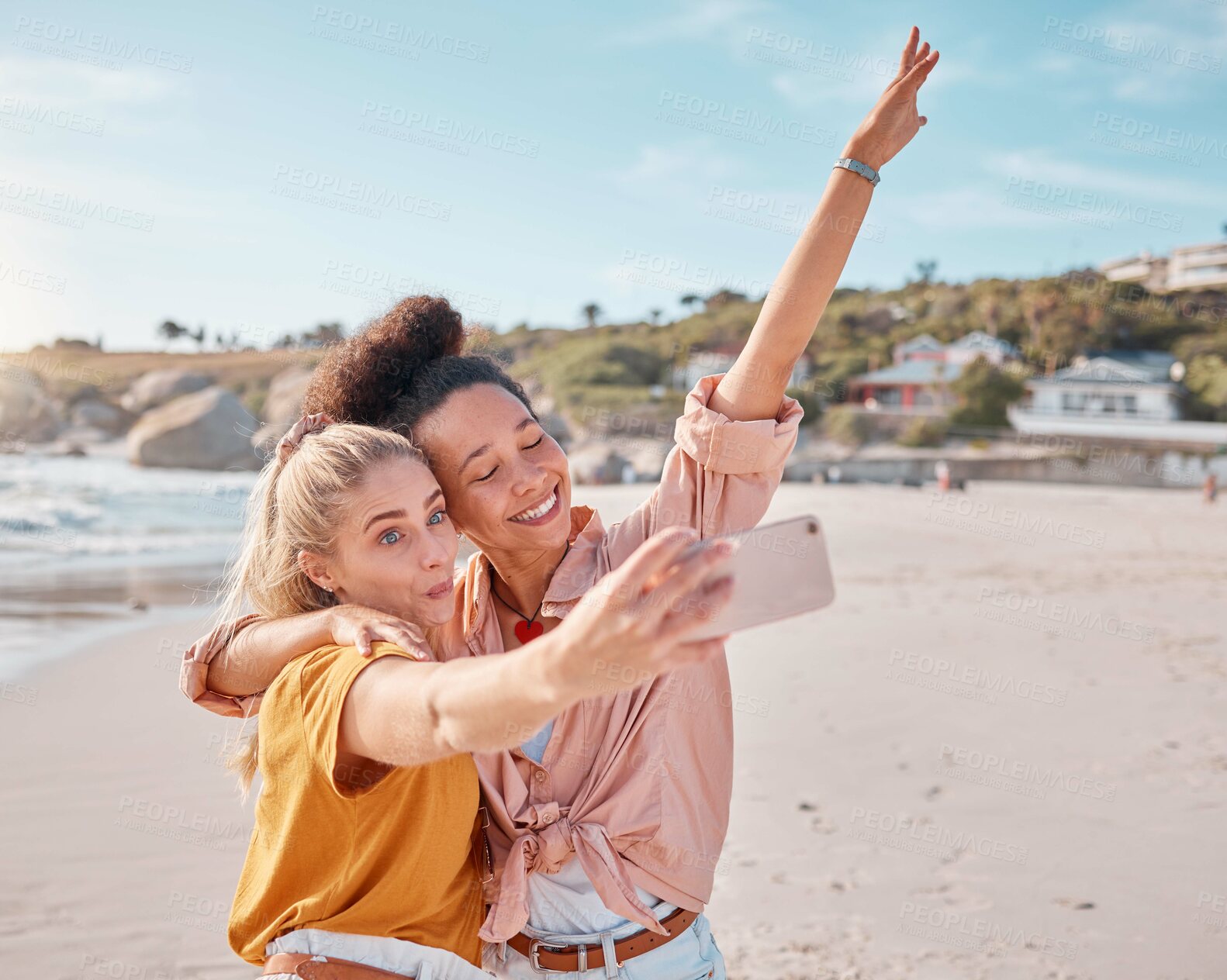 Buy stock photo Selfie, beach and friends on summer, vacation or holiday, happy and smile while bonding on mockup background. Travel, freedom and women hug for photo, profile picture or social media post in Miami