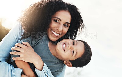 Buy stock photo Happy family hug, portrait and child and mom bonding, playing and enjoy quality time together in nature park. Vacation face, love smile and outdoor people on relax holiday in Rio de Janeiro Brazil