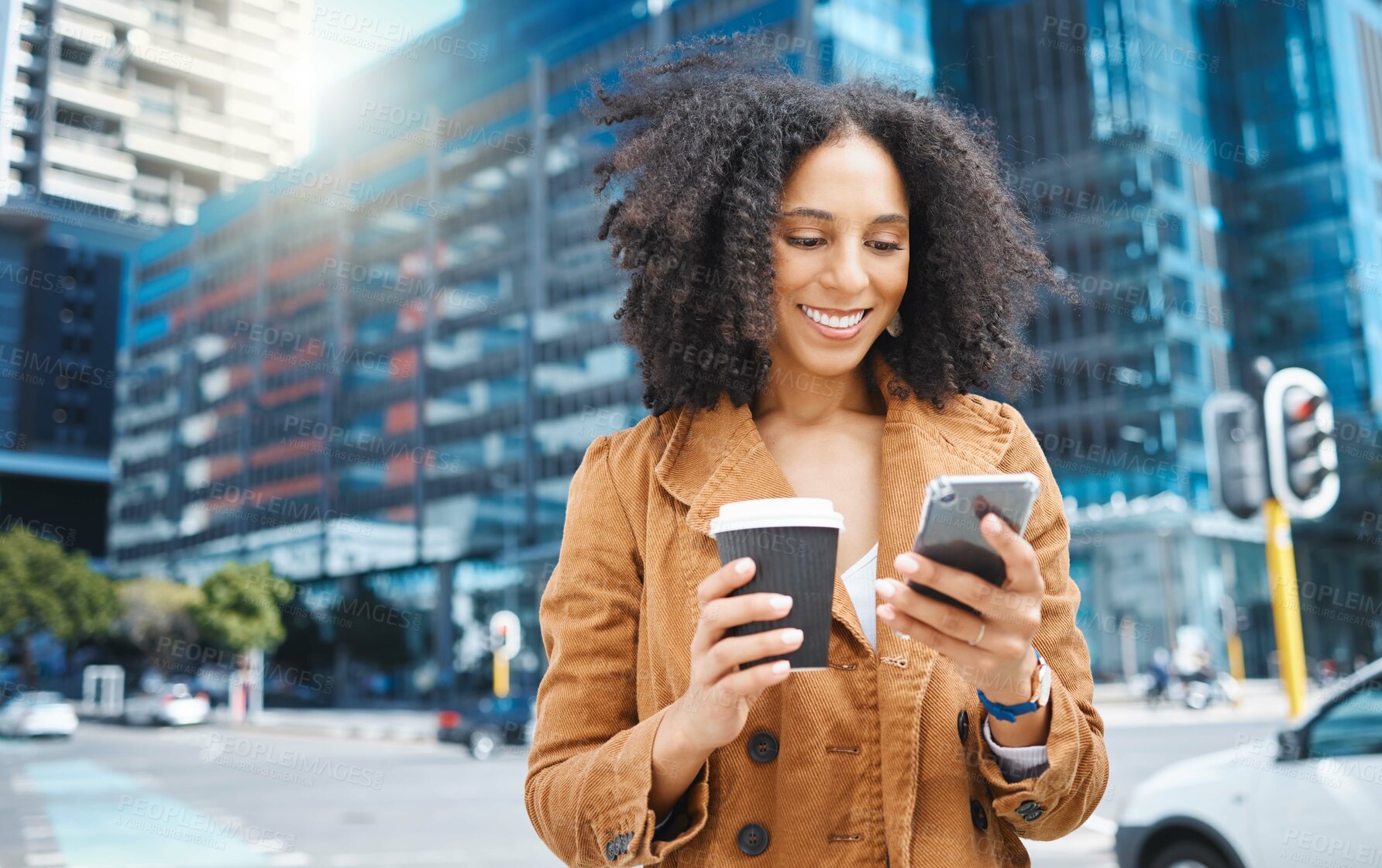 Buy stock photo Black woman, urban city and coffee with phone on social network, internet search and smile. Happy female walking in street with mobile technology, smartphone and reading notification on 5g connection