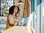 Black woman in coffee shop, phone call and remote work with laptop, freelance or influencer blog with networking. Connection, wifi and communication with tech, drink and relax in cafe with contact