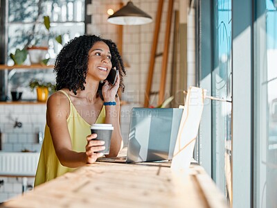 Buy stock photo Black woman in coffee shop, phone call and remote work with laptop, freelance or influencer blog with networking. Connection, wifi and communication with tech, drink and relax in cafe with contact