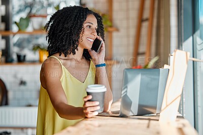 Buy stock photo Black woman in cafe, phone call and remote work with laptop, freelance or influencer blog with networking. Connection, wifi and communication with tech, drink and relax in coffee shop with contact