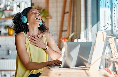 Buy stock photo Video call, laptop and black woman laugh in coffee shop for talking, virtual conversation and networking. Communication, cafe and happy girl with headphones on computer for freelance and remote work
