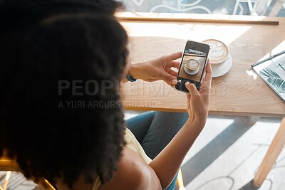 Buy stock photo Cafe, coffee and woman taking a picture on a phone in morning for breakfast on vacation. Cafeteria, photography and female taking a photo of latte or cappucino on cellphone in restaurant on a holiday