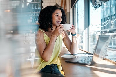 Buy stock photo Window, laptop and coffee shop with a black woman blogger drinking a beverage during remote work. Internet cafe, freelance and startup with an attractive young female working in a restaurant