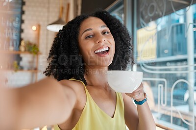 Buy stock photo Happy black woman, portrait and selfie in coffee shop, restaurant or bistro of lunch, latte and easy lifestyle. Face, cafe and girl smile with cup of tea drink, cappuccino and photograph of happiness