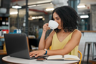 Buy stock photo Coffee, internet cafe and laptop with a black woman blogger doing research while doing remote work. Restaurant, freelance and startup with a female entrepreneur working on her small business blog