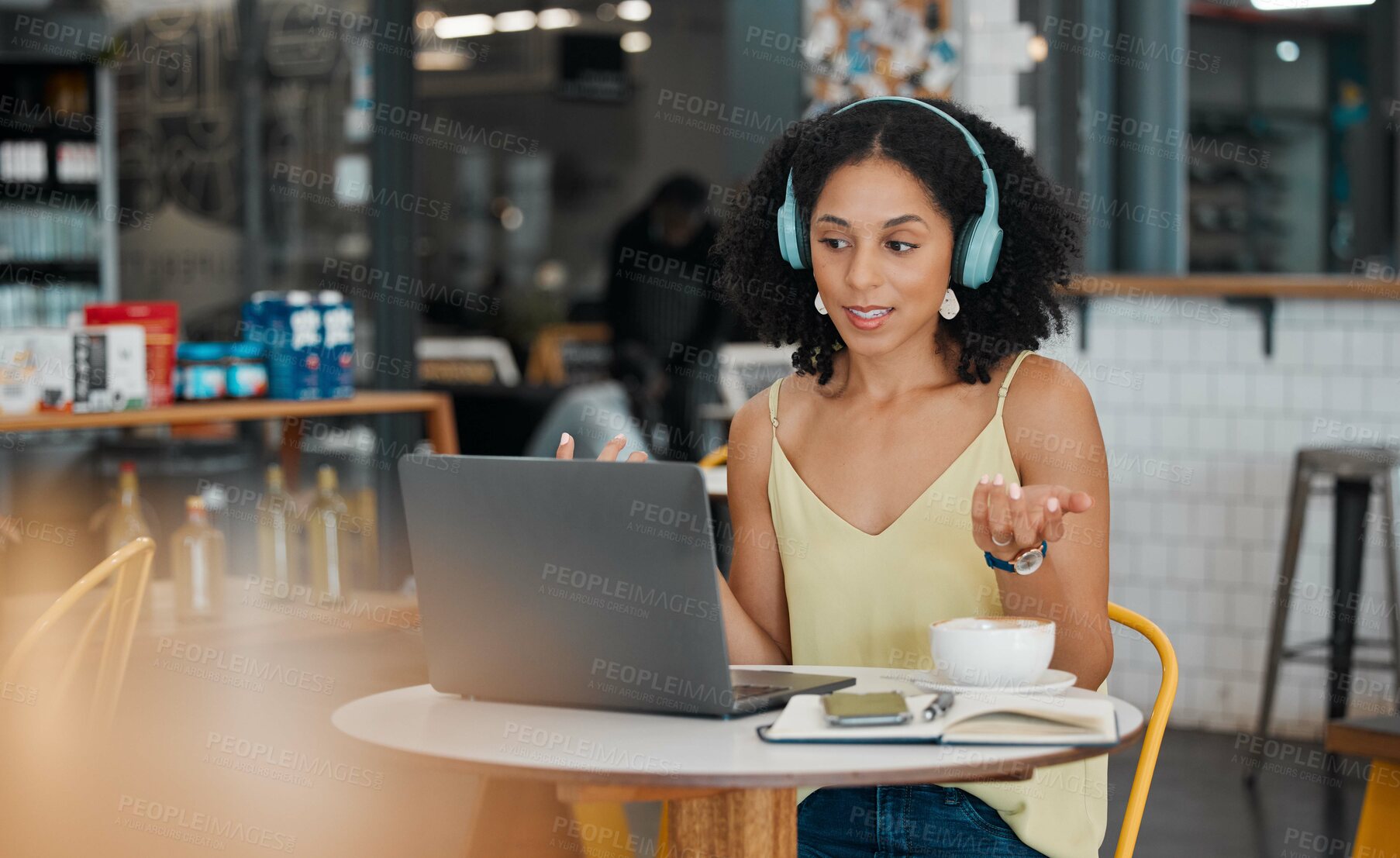 Buy stock photo Video call, laptop and black woman in coffee shop for meeting, virtual conference and networking. Communication, remote work and freelance girl on computer talking, speaking and in discussion in cafe