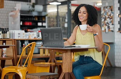 Buy stock photo Cafe, innovation and laptop with a black woman blogger in a restaurant for research while doing remote work. Coffee shop, freelance and a female startup entrepreneur working on a small business blog
