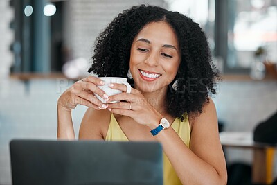 Buy stock photo Black woman, laptop or drinking coffee in cafe or restaurant for internet blog, student research or startup planning. Smile, happy or freelance creative on remote work technology for small business