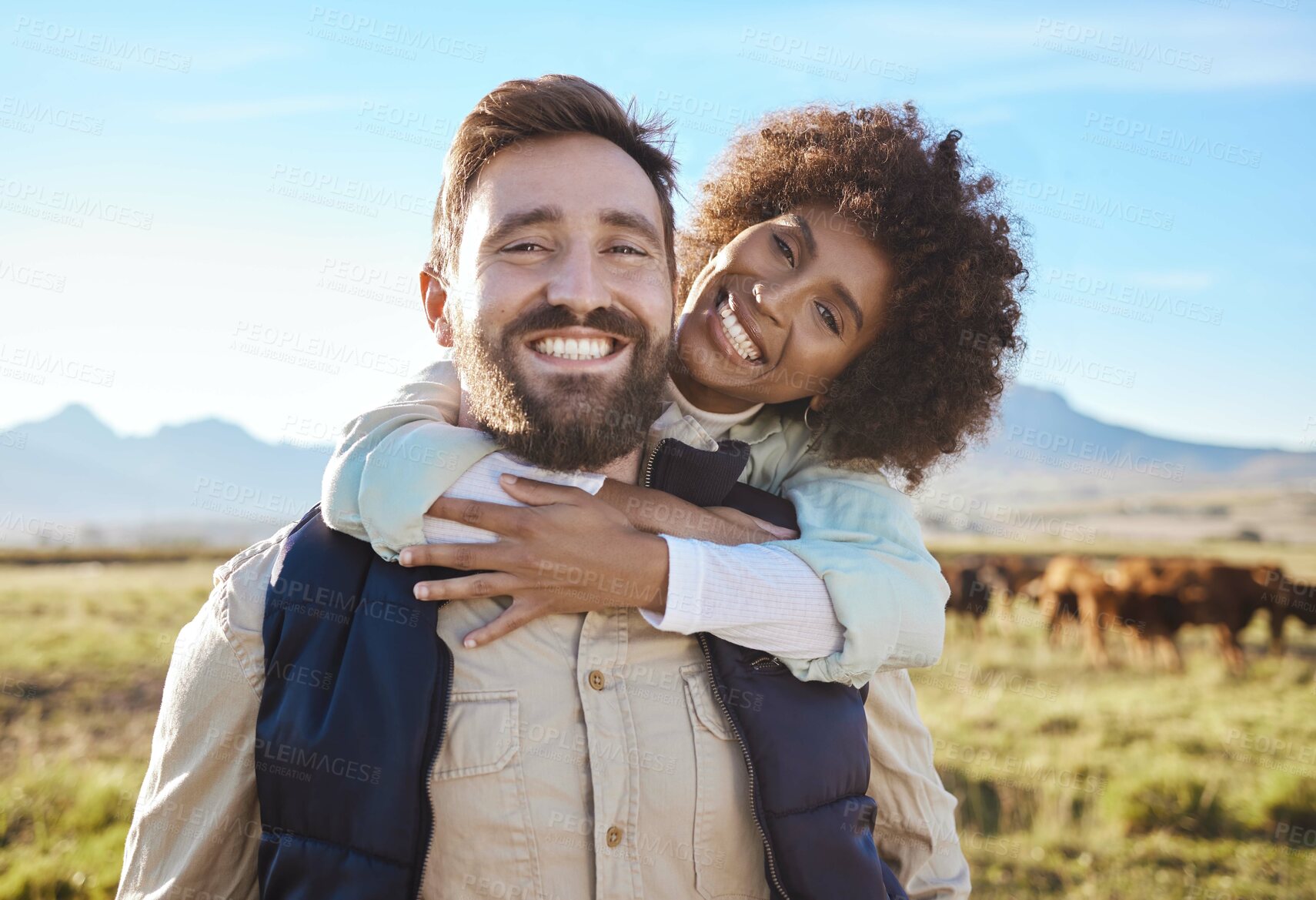 Buy stock photo Happy, cow and portrait of couple on farm for agriculture, nature and growth. Teamwork, animals and hug with man and woman in grass field of countryside for sustainability, cattle and environment 