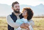 Love, happy and nature with couple on farm for agriculture, peace and growth. Teamwork, bonding and hug with man and woman in grass field of countryside for sustainability, health and environment 