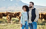 Happy, cow and relax with couple on farm for agriculture, nature and growth. Teamwork, animals and hug with man and woman in grass field of countryside for sustainability, cattle and environment
