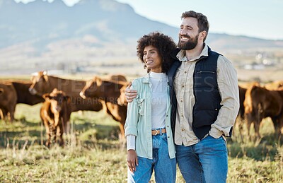 Buy stock photo Happy, cow and relax with interracial couple on farm for agriculture, nature and growth. Teamwork, animals and hug with man and black woman in grass field for sustainability, cattle and environment