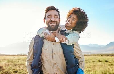 Buy stock photo Love, relax and smile with couple on farm for agriculture, peace and growth. Teamwork, bonding and hug with man and woman in grass field of countryside for sustainability, health and environment 
