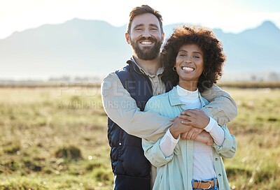 Buy stock photo Love, portrait and hug with interracial couple on farm for agriculture, mockup and growth. Teamwork, happy and nature with man and black woman in grass field for sustainability, agro and environment