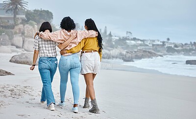 Buy stock photo Beach, hug or friends walking to relax on holiday vacation while talking or bonding in nature together. Back view, trust or group of women relaxing at sea enjoy traveling on fun ocean trips in Miami 