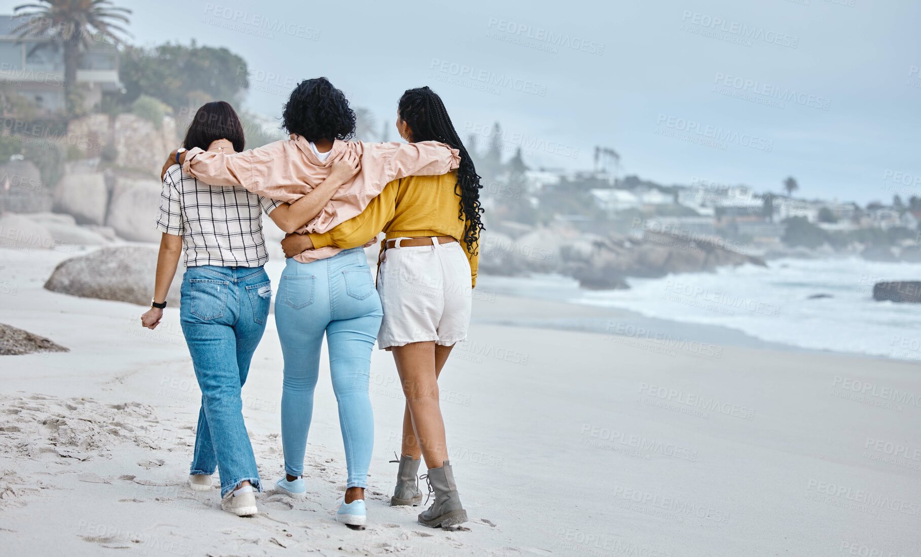 Buy stock photo Beach, hug or friends walking to relax on holiday vacation while talking or bonding in nature together. Back view, trust or group of women relaxing at sea enjoy traveling on fun ocean trips in Miami 