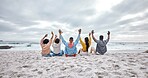 Diversity, hands up or friends on beach sand to relax on holiday, vacation bonding in nature together. Back view, men and women group relaxing at sea enjoy traveling on ocean trips in Miami, Florida