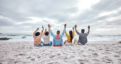 Buy stock photo Diversity, hands up or friends on beach sand to relax on holiday, vacation bonding in nature together. Back view, men and women group relaxing at sea enjoy traveling on ocean trips in Miami, Florida