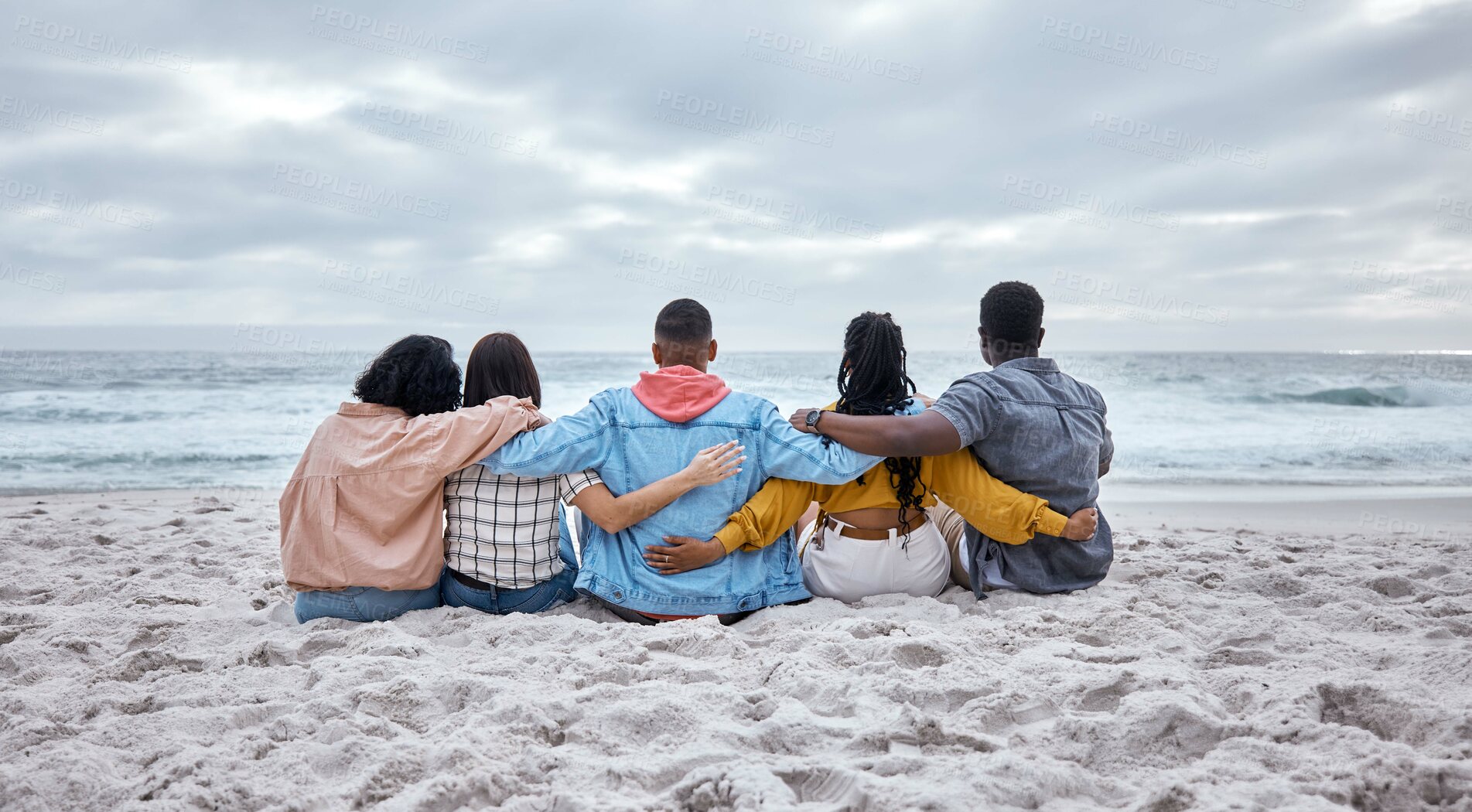 Buy stock photo Diversity, hug or friends on beach sand to relax on calm holiday, vacation bonding in nature together. Back view, men and women group relaxing at sea enjoy traveling on ocean trips in Miami, Florida