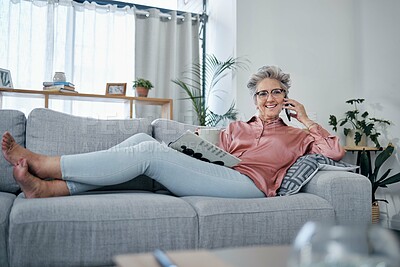 Buy stock photo Senior woman, sofa and phone call in home living room with smile, relax and newspaper for happy portrait. Retirement, smartphone communication and elderly lady on lounge couch for smile, chat or talk