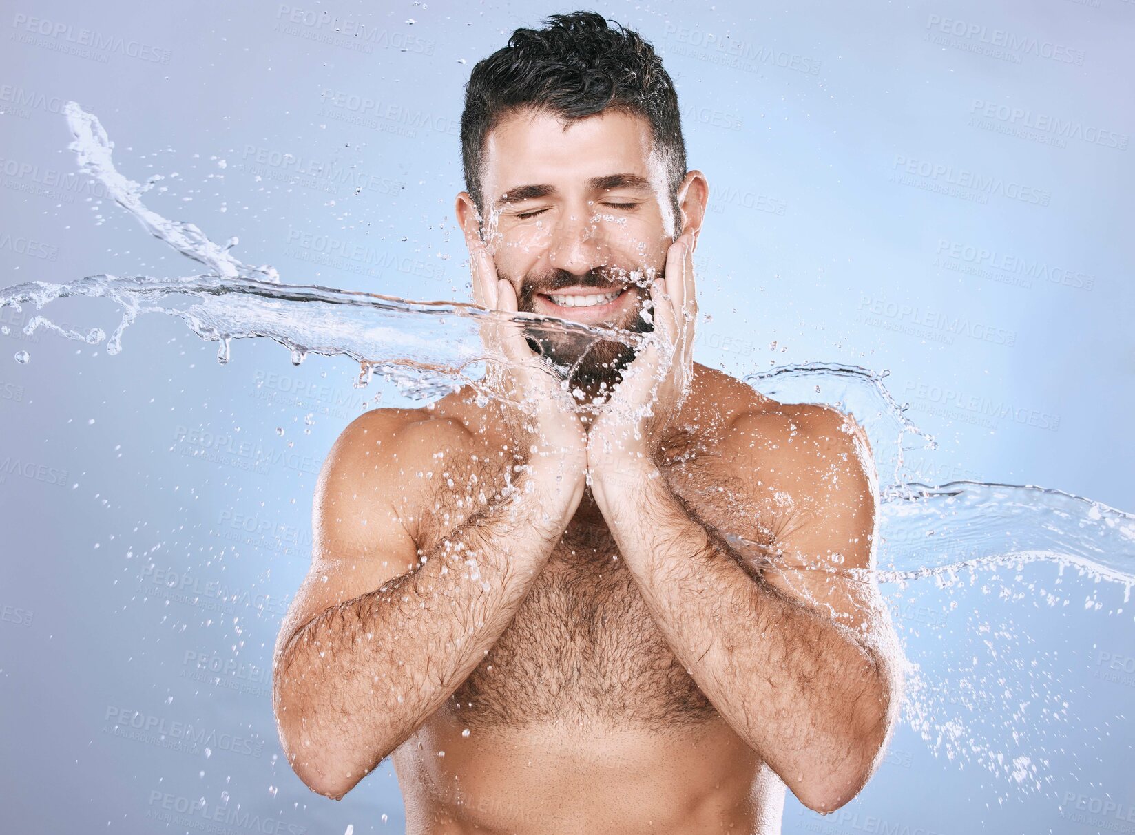 Buy stock photo Man, water splash and face skin care for clean spa facial for beauty, hygiene and dermatology. Aesthetic model person blue background for health and wellness cosmetics, body glow and detox cleaning