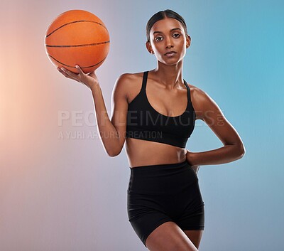 Buy stock photo Portrait, basketball and black woman isolated on gradient background for workout, training and body goals. Young Indian athlete, person or model in studio with ball focus. exercise or cardio health