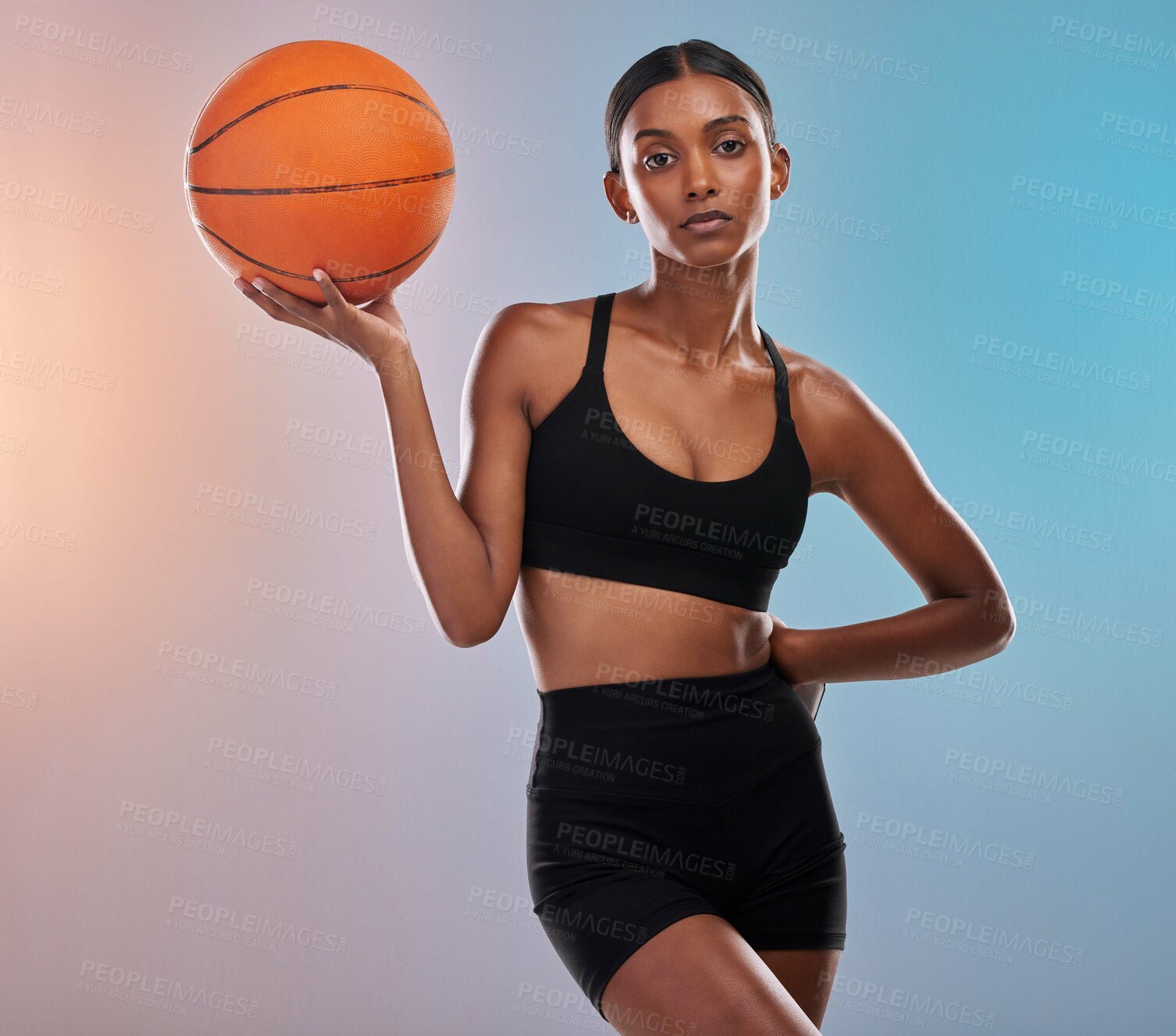 Buy stock photo Portrait, basketball and black woman isolated on gradient background for workout, training and body goals. Young Indian athlete, person or model in studio with ball focus. exercise or cardio health