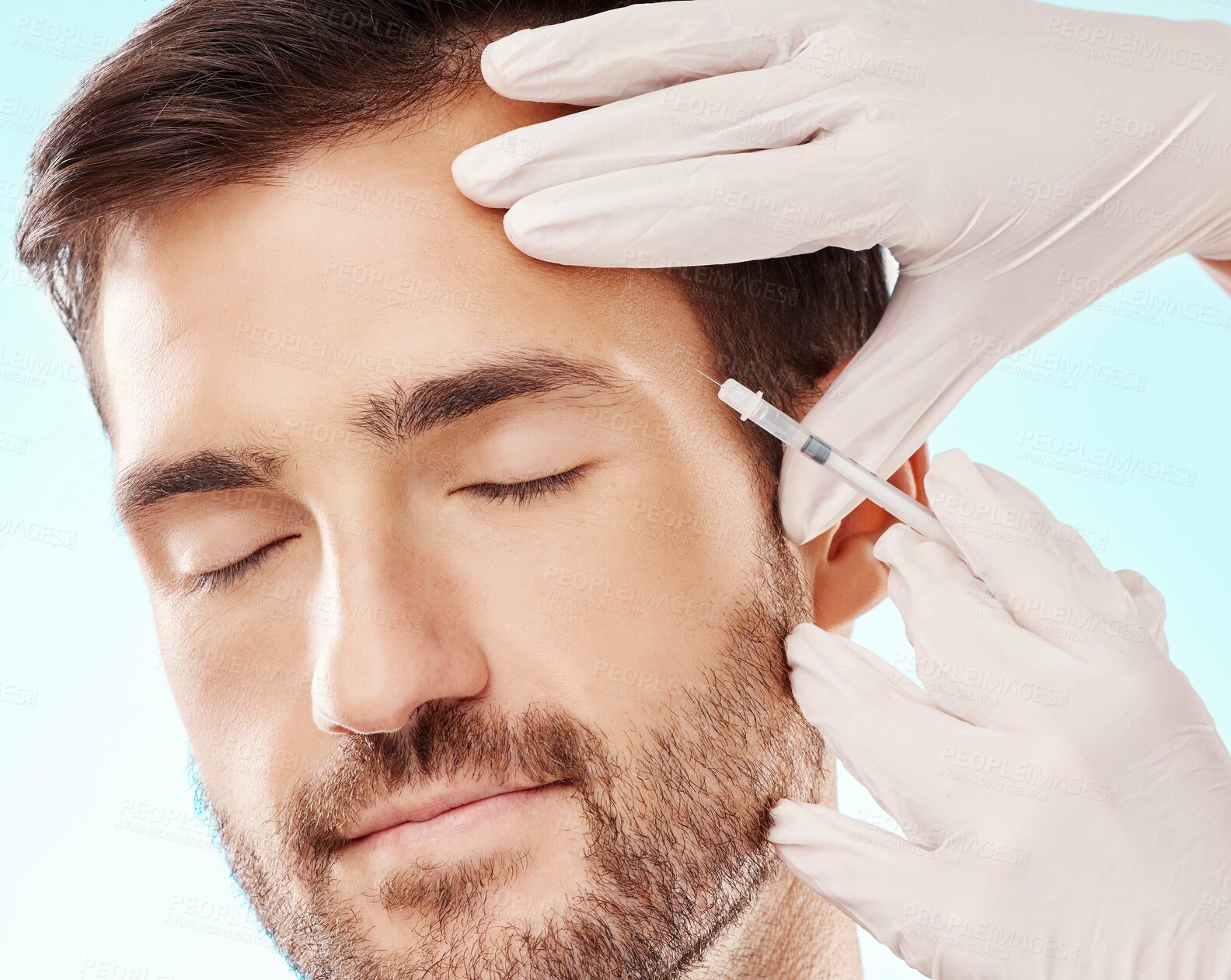 Buy stock photo Face, cosmetic injection and mesotherapy with man, hands and needle syringe, skincare and medical on blue background. Healthcare, beauty and healthy skin with procedure, cosmetics and dermatology 