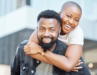 Buy stock photo Portrait of black couple piggyback in city for love, care and happiness on date together in Nigeria. Happy man carrying young woman in urban street for outdoor fun, freedom and relax with face smile