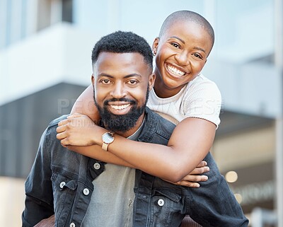 Buy stock photo Piggyback, black couple and portrait in city for love, care and happiness on date together in Nigeria. Happy man carrying woman in urban street, town and outdoor for fun, freedom and relax with smile