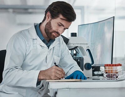 Buy stock photo Science, man and writing notes in laboratory for research analysis, biotechnology test or review results. Data report, scientist and paperwork planning of solution, investigation and innovation ideas