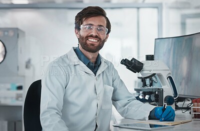 Buy stock photo Scientist, portrait and man with science and research in lab for medical innovation or biotechnology with chemistry. Scientific study, doctor writing notes and test in laboratory, future with DNA