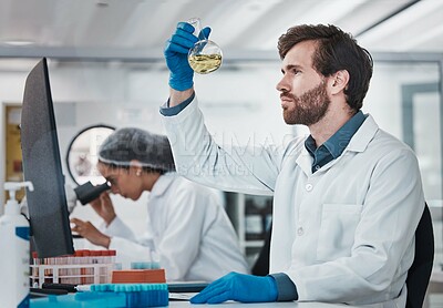 Buy stock photo Science, man or scientist in laboratory with chemical liquid after chemistry research or scientific testing. Physics analysis, healthcare or medical doctor with acid solution for medicine development