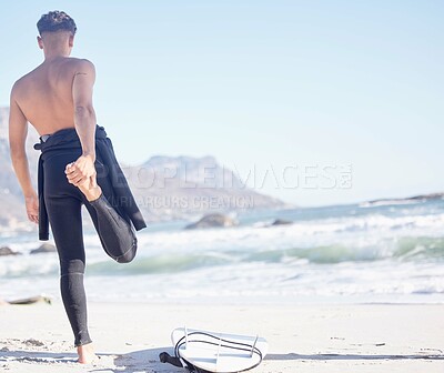 Buy stock photo Back, man and stretching for beach surfing with waves, freedom and summer blue sky mockup in Cape Town. Surfer guy warm up legs at sea, sunshine and travel for water sports, adventure or ocean nature