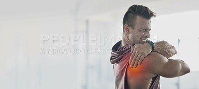 Buy stock photo Man, training and shoulder pain with mockup space at gym for workout, exercise and muscle injury. Bodybuilder, anatomy emergency or problem by mock up, wall background or medical accident with hands