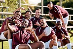 Selfie, peace sign and rugby team with phone ready for exercise, sports training and workout on field. Fitness, teamwork and athletes smile in picture on smartphone for competition, game or practice