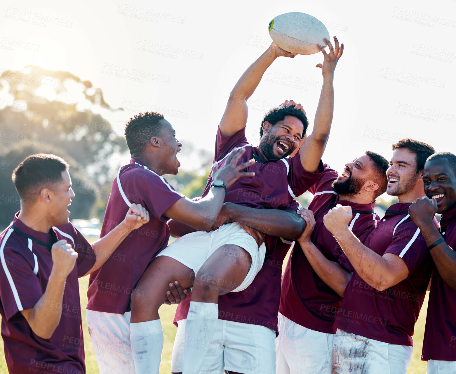 Buy stock photo Sports, winner and rugby team with ball in celebration for winning match, game and sport competition. Fitness, teamwork and happy, excited athletes on field celebrate victory, success and motivation