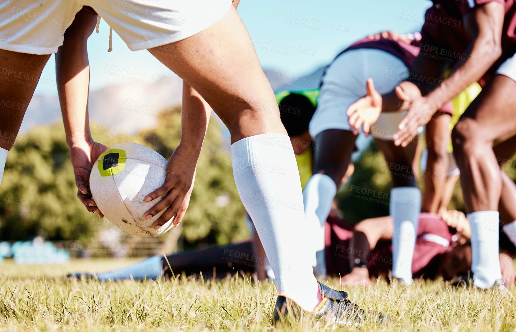 Buy stock photo Ball, scrum or hands of rugby men in training, exercise or workout match on sports field in practice. Team work, strong man or powerful group in tough competitive game with physical fitness or effort