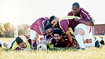 Sport, team and rugby by men in training, tackle and workout match at sports field outdoors. Diversity, man and group with ball for workout, challenge or performance, competitive and physical fitness