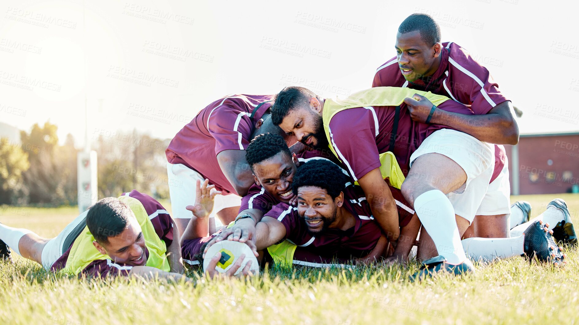 Buy stock photo Sport, team and rugby by men in training, tackle and workout match at sports field outdoors. Diversity, man and group with ball for game, challenge or performance, competitive and physical fitness